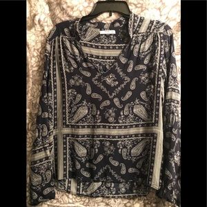 MNG Mango Blue & White paisley print peasant top.